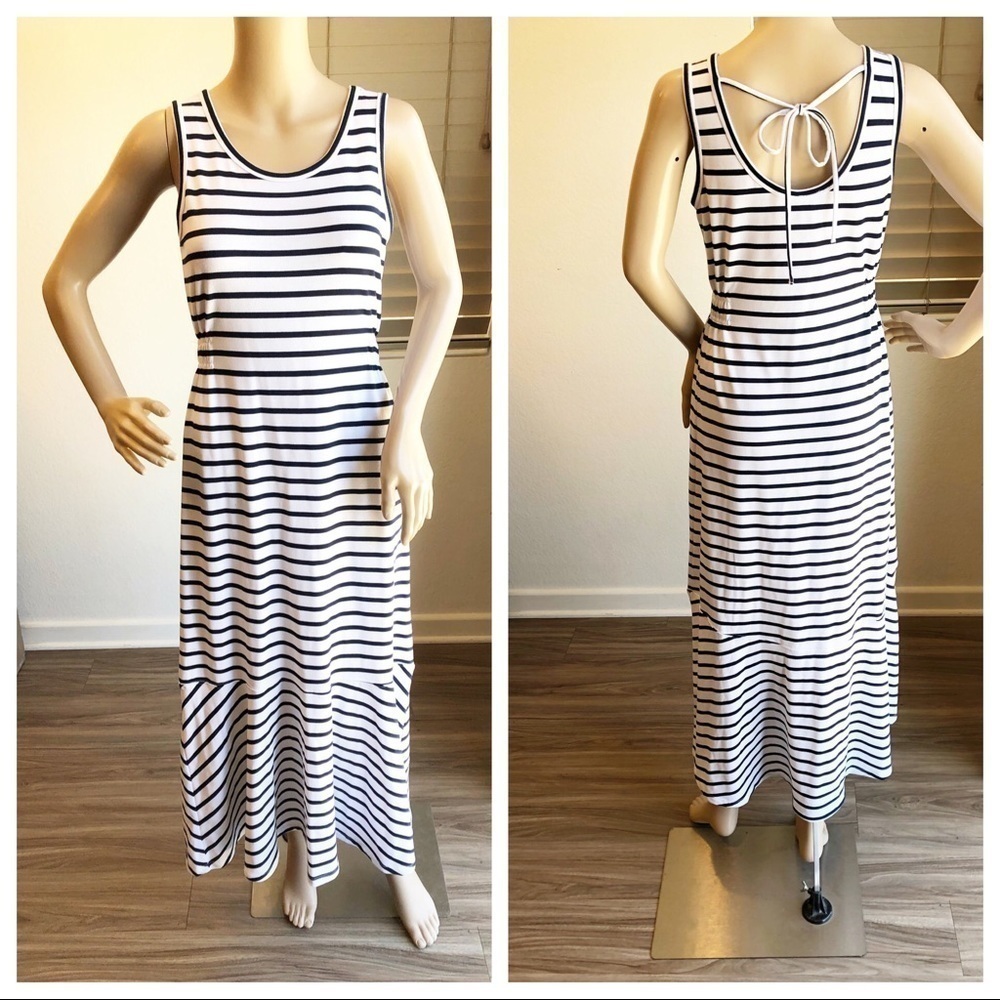 Sunday white/navy striped asymmetrical maxi dress